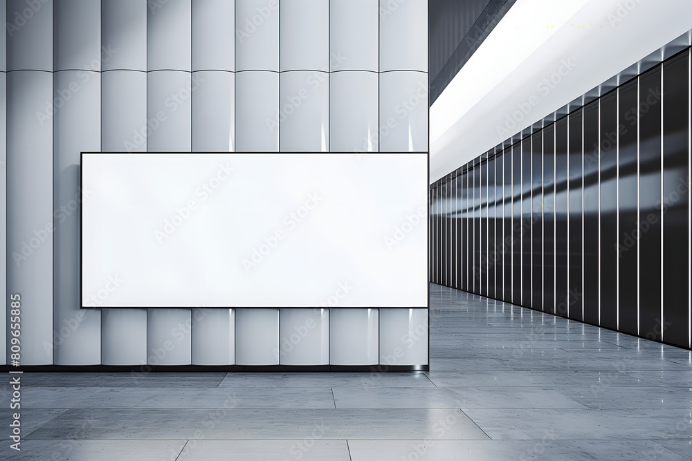 Poster modern designer wall with empty white mock up billboard in empty underground interior. 3d rendering.
