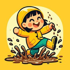 Naklejka premium Cartoon of a child playing with a muddy puddle