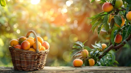 Commercial theme with mango fruit in a basket made by weavers on a wooden table surrounded by a mango tree on a farm with sunlight, Generative AI.