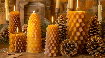 A collection of burning beeswax candles, including large pillars and pinecone shapes, ideal for holiday and winter gifts - obrazy, fototapety, plakaty