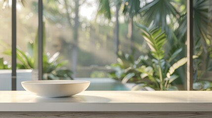 Modern Tropical Bathroom Background with Empty Tabletop Generative AI