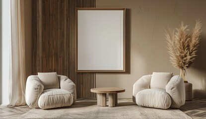 A living room with two white chairs and a wooden coffee table