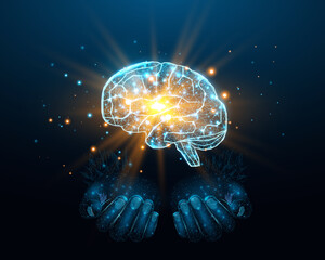 Two human hands are holds human brain. Support healthy brain concept. Wireframe glowing low poly design on dark blue background. Abstract futuristic vector illustration.