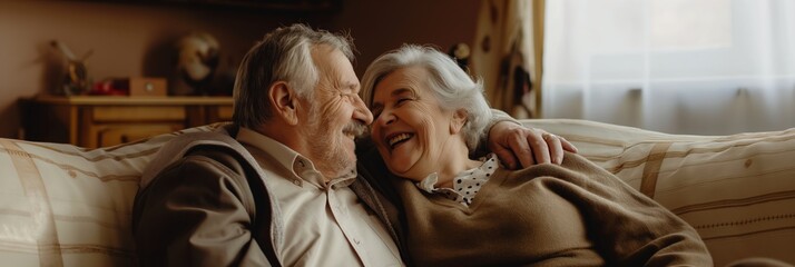 Obraz premium Affectionate elderly couple sharing a laugh in a warm, private setting, reflecting a lifetime bond