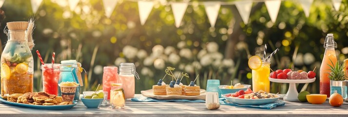 A summer picnic setup with refreshing beverages and vibrant fruits captured in golden hour