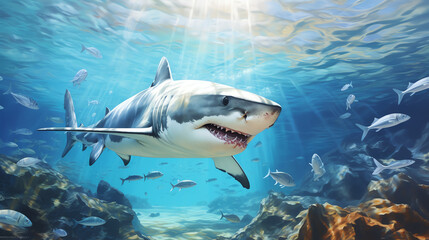 Fototapeta premium A great white shark swims through a coral reef, surrounded by schools of fish
