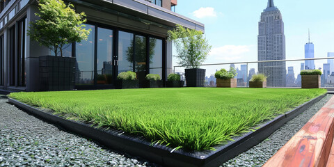 Artificial grass on the roof terrace of a house in the city