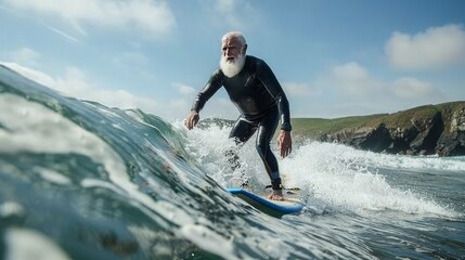 active senior with beard surfing, waves, sun, water, Enjoy retirement, copy and text space, 16:9