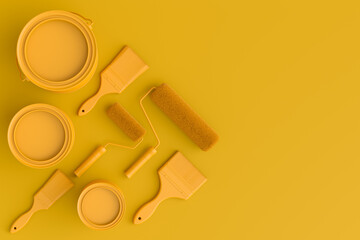 Set of metal and plastic buckets, paint roller and brush on monochrome