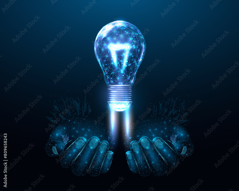 Poster two human hands are holds lightbulb launch, wireframe polygonal style. internet technology network, 
