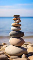 Balanced stones stacked on the beach