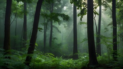 Enchanting Forest Landscape with Sunlight Filtering Through Lush Green Foliage and Misty Trails, Discovering the Tranquil Beauty of Woodland Parks: A Journey Through Sunlit Paths and Misty Woods, Embr