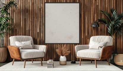 A living room with two white chairs and a large white framed picture on the wall