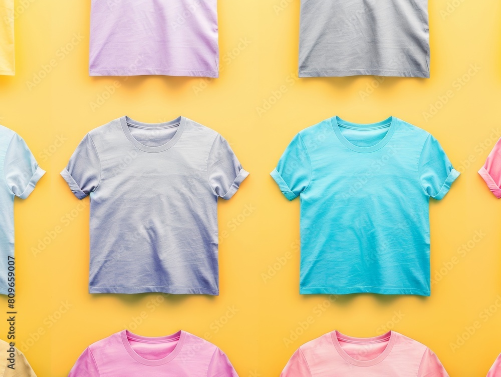 Poster vibrant display of graphic tees on yellow background: hyper-realistic textile textures and light pla