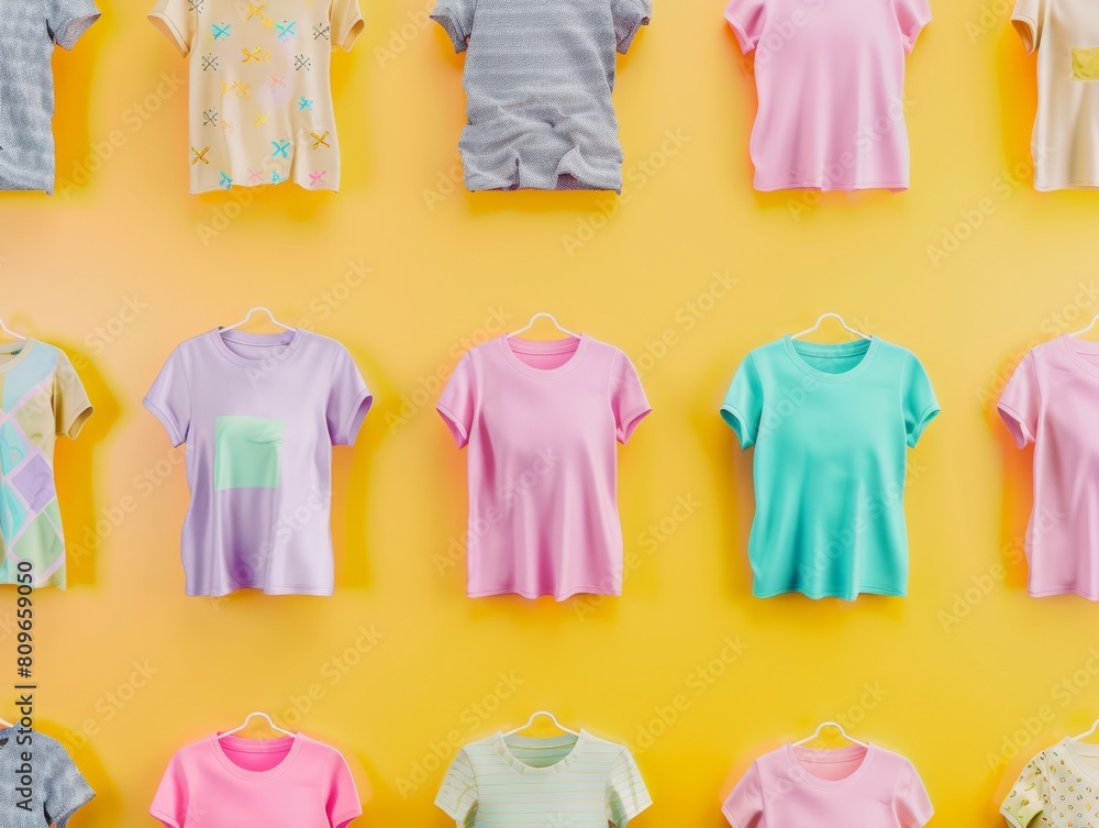 Poster vibrant display of graphic tees with hyper-realistic textures on yellow background - daytime photogr