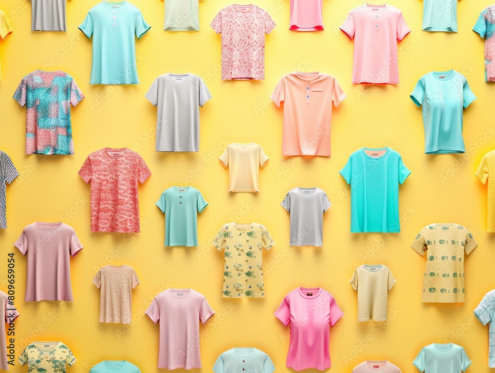 Poster Array of Graphic Tees on Vibrant Yellow Background Showcasing Realistic Textile Textures in a Bright, Cheerful Display