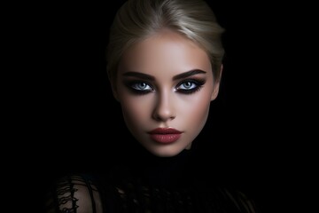 Fototapeta premium Close-up portrait of a woman with stunning makeup and piercing eyes on a dark background