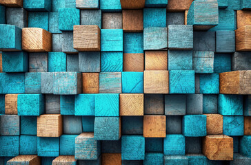 Empty old,cracked and grungy dark wood wall texture backgrounds.Dark wooden cubes background. Frontal view. Free copy space.