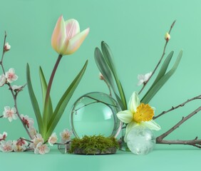 Serene Nature Display with Pastel Green Floral and Crystal Arrangement in Bright Minimalist Setup