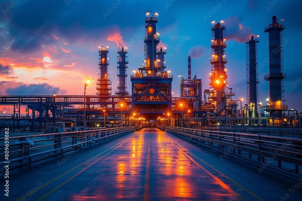 Poster the image shows a mesmerizing twilight sky with clouds over a fully operational and brightly lit ind