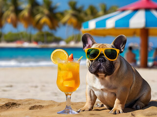 Brazil french bulldog dog enjoying a cocktail, on summer vacation holidays at the beach.