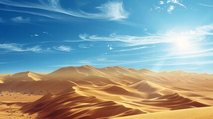 The Sahara desert sprawls beneath the expansive African sky, with the sun casting its brilliant rays across the arid landscape.