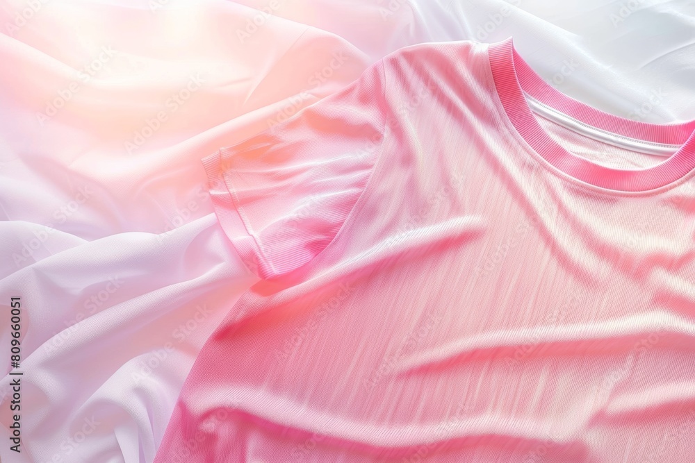 Poster digitally enhanced pink t-shirt on white cotton background for dynamic textile display in studio lig