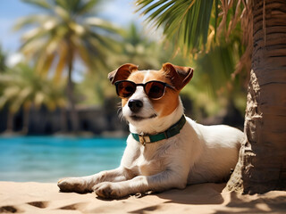 Jack russell dog under the shadow of a palm tree relaxing and resting
