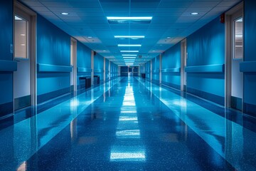Fototapeta premium The image showcases a clean, empty blue hospital corridor with a shining reflection on the glossy floor The perspective leads to a distant point, which creates a sense of depth and solitude