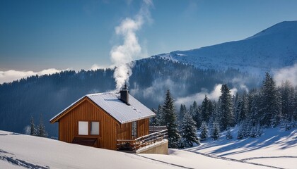 A cozy cabin nestled in a snowy mountain landscape with smoke curling from the