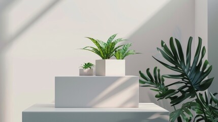 Eco-Friendly Minimalist Podium for Sustainable Banking - Bright Natural Light on White and Light Green Monochromatic Scheme