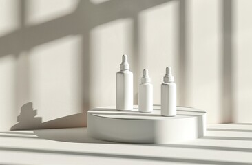Three white bottles of perfume are displayed on a white pedestal