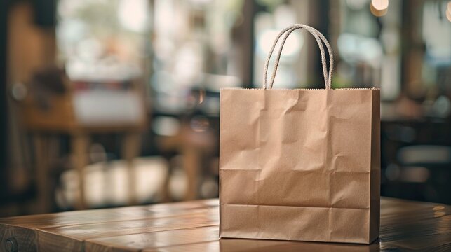 Brown paper bag mockup on the cafe table