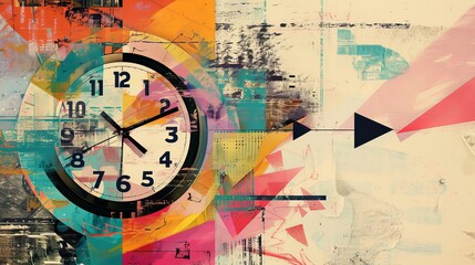 An arrow and a running clock are displayed on this contemporary collage to emphasize planning and time management.