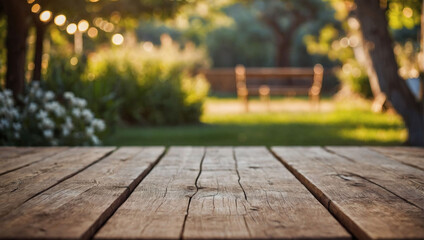 Outdoor Serenity, Sturdy Wooden Table with Backyard Blur in Summer