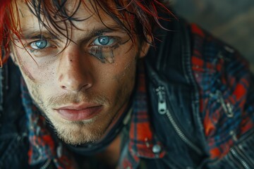 Obraz premium Portrait of a striking individual with red hair, blue eyes, and tribal-style face paint