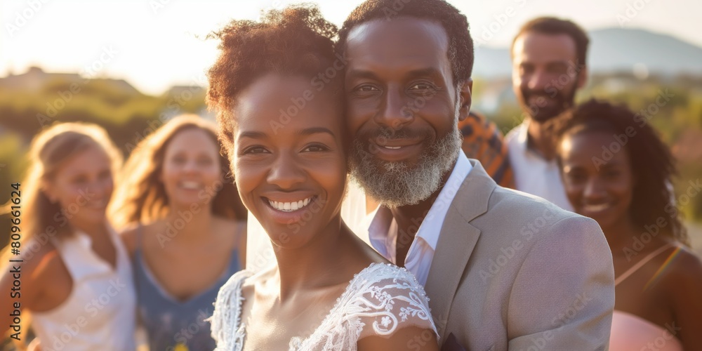 Wall mural Smiling couple celebrating their wedding day with guests outdoors Love, marriage, celebration