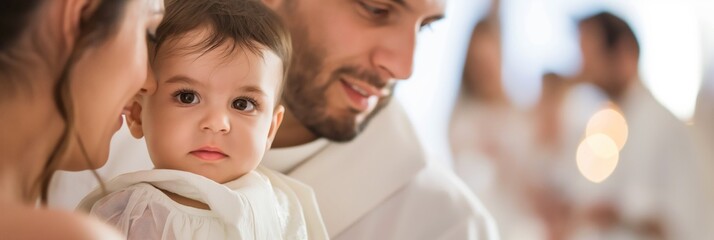 Father holding his baby during a christening ceremony in a church Family, religion, celebration