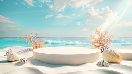 Podium on Beach Sand, Coral and Shell on Back Side, Beach and Sunshine Background : Suitable for Be Used for Display and Promotion Product with Summer Vibes.