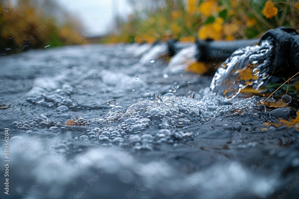 Poster an image capturing the dynamic splashes of raindrops falling on a reflective watery surface amidst n