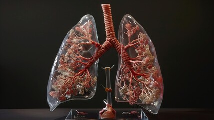 A comprehensive and realistic image of the inner lungs, offering a clear view of the upper and lower respiratory tracts, including bronchi, bronchioles, and alveoli