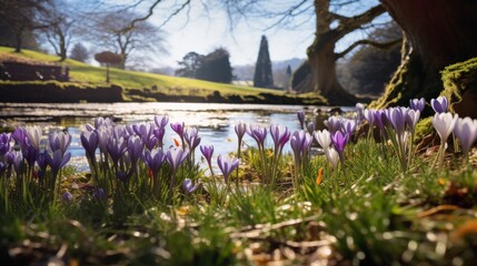 Obraz premium Early Spring Bloom. Purple Crocuses And Fresh Green Grass By The Water's Edge. Generative AI