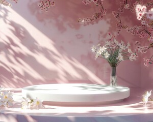 Ethereal Springtime Scene: Dreamlike Podium on Pastel Pink with Cherry Blossoms, Tulips, and Daffodils Under Soft Sunlight