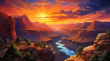 Sunrise over the canyon watercolor illustration - Generative AI. Red, sunset, cloud, canyon, rock.