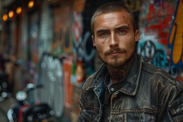Obraz premium A tattooed man with facial hair stands against a graffiti wall, looking intently at the camera
