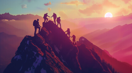 Fototapeta premium Mountain Hiking Team - Silhouette Sunset