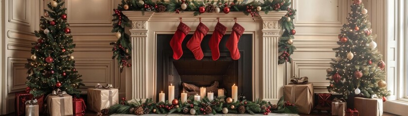 A cozy living room with a fireplace, decorated for Christmas