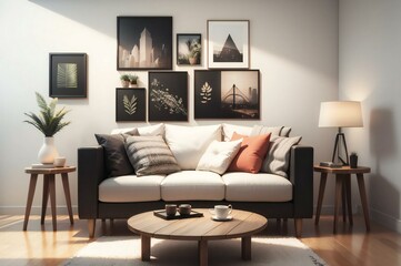 Cozy and stylish living room features a comfortable sofa, chic wall art, warm lighting, and a clean, minimalist design