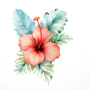 A watercolor illustration of  flower-themed doodly font, adorned with a small, hand-drawn cute tropical flower, smaller than the letter itself. The tropical flower.