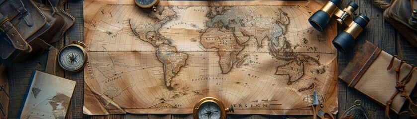 A detailed world map with a compass, binoculars, and other navigation tools.